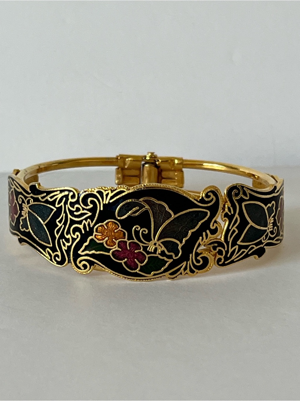 Vintage 1980’s Vibrant Butterflies and Flowers Cloisonné Hinged Clamper Bangle